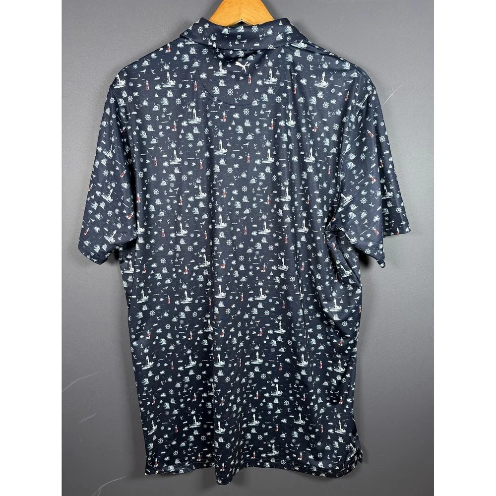 NWT Puma Golf Mens Medium MATTR Lighthouse Polo Navy Blue Nautical Print Shirt